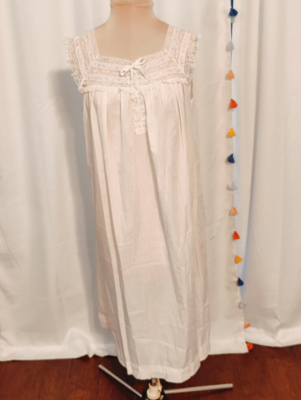 Vintage palest Pink midi length Cottagecore Cotton Gown Dress peek a boo Lace